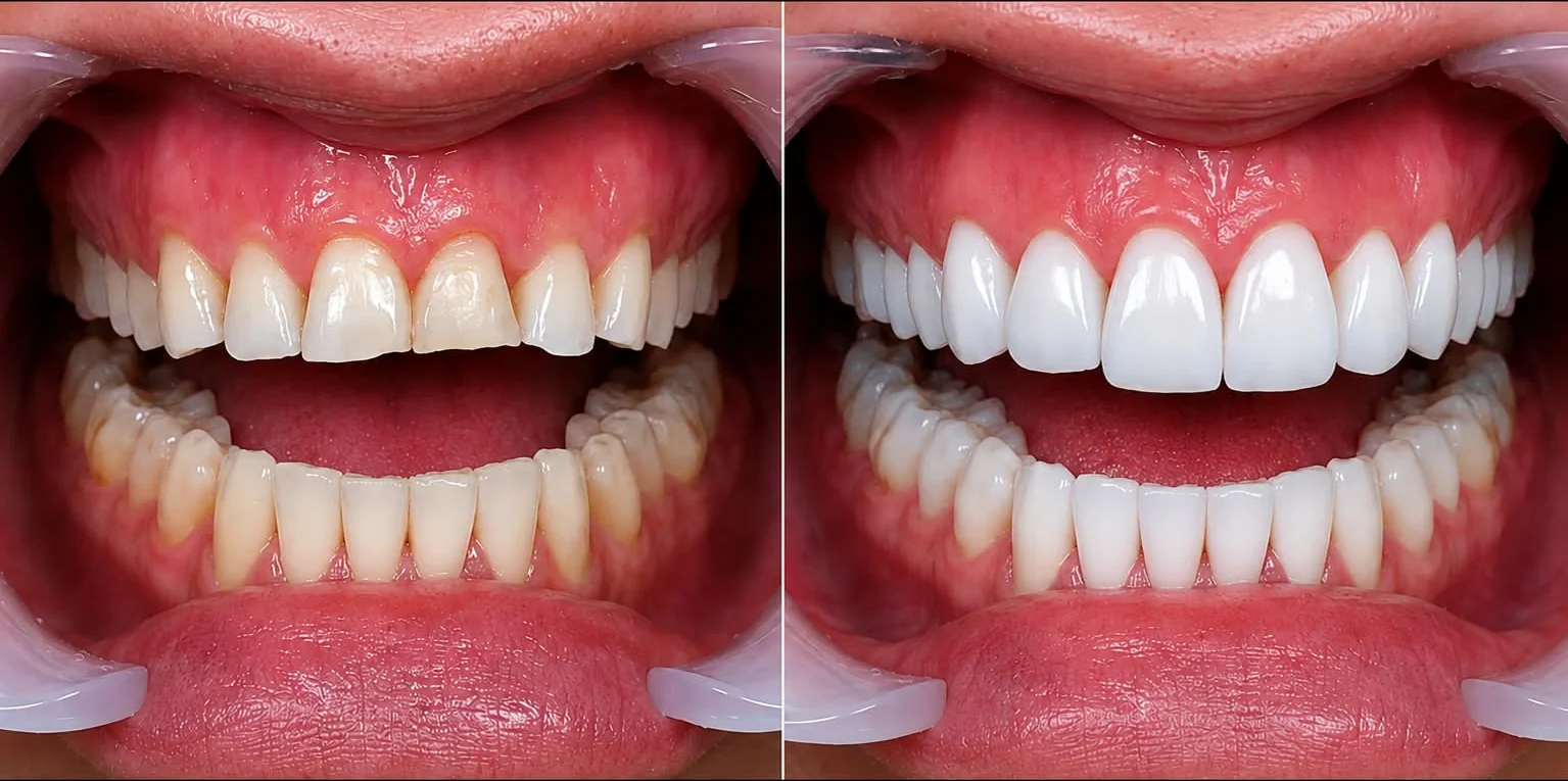Comparação ilustrativa antes e depois de facetas dentárias