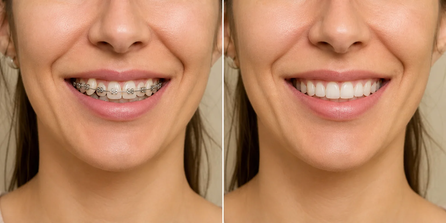 Comparação ilustrativa do sorriso com aparelho e após tratamento ortodôntico